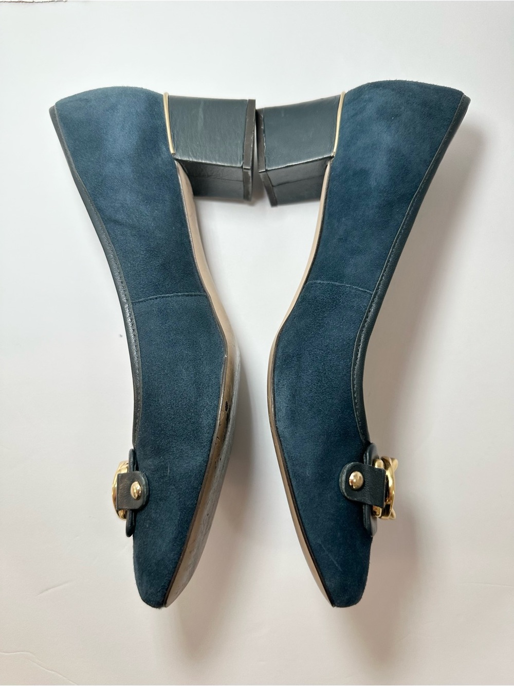 TALBOTS Women’s Teal Blue Suede Gold Buckle Trim Classic Low Block Heels- Size 8 - Picture 6 of 13